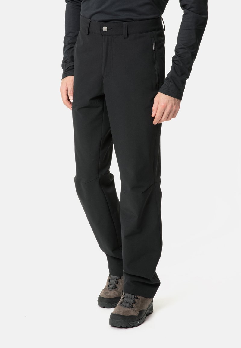 Pantaloni esterni neri realizzati in materiale resistente, con vestibilità dritta, tasche frontali e una tasca laterale con zip per riporre gli oggetti.