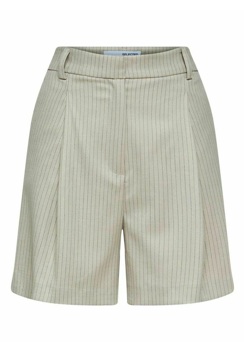 Beige šortky s proužkem a přizpůsobeným střihem, obsahující přední sklady a hladký povrch. Obsahují poutka na pásek a zapínání na zip.
