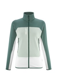 Veste zippée verte et vert clair avec un col haut, en tissu texturé, deux poches latérales et des accents blancs au bas et aux manches.
