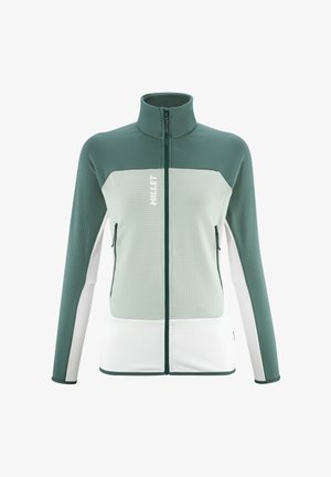 Veste zippée verte et vert clair avec un col haut, en tissu texturé, deux poches latérales et des accents blancs au bas et aux manches.