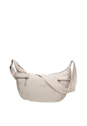 Beige Crossbody-Tasche mit verstellbarem Riemen, Frontreißverschlusstasche und dezentem GMV-Logo in der vorderen Mitte.