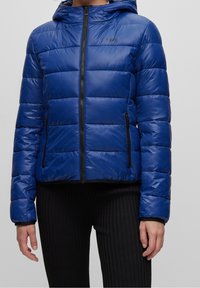 Blå dunjakke med lynlåslukning foran, hætte og sidelommer. Har et skinnende materiale med syninger i panelerne og sorte lynlåsdetaljer.