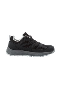 Black athletic shoe with a mesh upper, textured accents, and grey rubber outsole. Features laces and a padded collar for comfort.