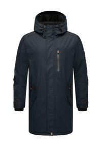 Parka imperméable bleu marine avec un col haut et une capuche réglable, dotée d'une poche zippée sur la poitrine et de deux poches latérales.