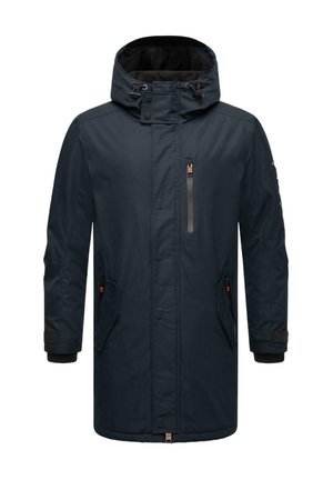 Námorně modrá voděodolná parka s vysokým límcem a nastavitelnou kapucí, která má zipovou náprsní kapsu a dvě boční kapsy.