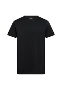 Sort kortærmet T-shirt i bomuld med klassisk crew neck-design, glat tekstur og uden mønstre eller udsmykninger.
