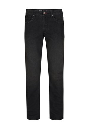 Jean noir en denim avec un design à jambes droites, style cinq poches, fermeture à bouton et détails de couture subtils. Texture de tissu lisse et robuste.