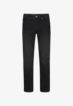 Schwarze Jeans aus Denim mit geradem Bein, fünf Taschen, Knopfverschluss und dezenten Stickdetails. Glatter, robuster Stoff.