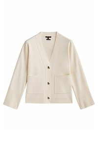 Cream cardigan with a V-neck, four buttons, two front pockets, and ribbed cuffs. Made of soft fabric for comfort and warmth.