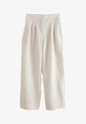 Světlé béžové lněné kalhoty s širokým nohavicovým designem, vybavené předními záhyby a postranními kapsami, které nabízejí texturovaný vzhled.