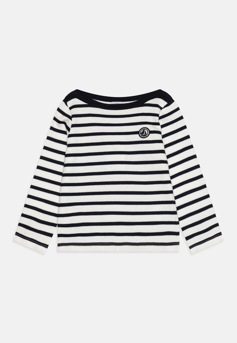 Langermet, stripete skjorte i vekslende marineblått og hvitt. Har båtformet utringning og lite brodert logo på brystet. Mykt stoff.