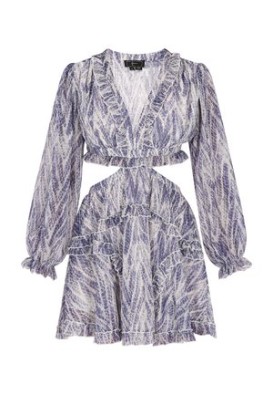 Kratka obleka z dolgimi napihnjenimi rokavi, naboranim izrezom in robom. Ima vijoličasto in belo listnato vzorje na lahkem blagu.