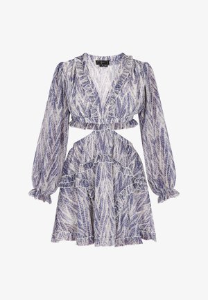 Kratka obleka z dolgimi napihnjenimi rokavi, naboranim izrezom in robom. Ima vijoličasto in belo listnato vzorje na lahkem blagu.