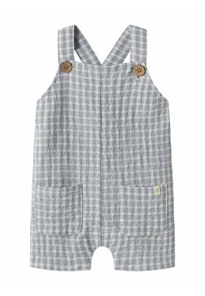 Világosszürke kockás kisgyermek overál elülső zsebekkel, fa gombos vállpántokkal és rövid szárakkal.
