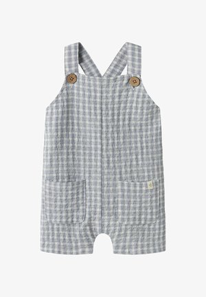 Svetlosivý kockovaný overal pre batoľa s prednými vreckami, drevenými gombíkmi na ramenných popruhoch a krátkymi nohavicami.