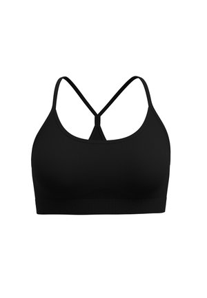 Svart sportbehå med en jämn yta, racerback-design och tunna band som bildar ett korsmönster på baksidan.