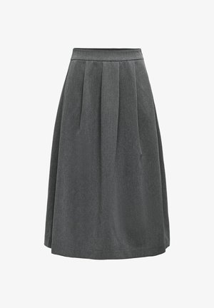 Gray pleated a-line skirt with a smooth waistband and textured fabric, extending to knee length. Minimalist and structured design.