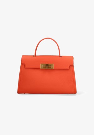 Orange leather handbag with a structured design, a top handle, and a gold clasp accent on the front. Textured surface detail.