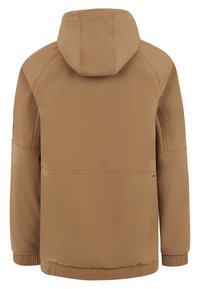Giacca cappuccio marrone con una texture liscia, polsini e orlo elasticizzati. Presenta un dettaglio di cucitura e una tasca frontale singola.
