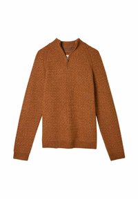 Brauner, strukturierter Halbreißverschluss-Pullover mit geripptem Ausschnitt und Saum. Verfügt über ein dezentes Rautenmuster und lange Ärmel.