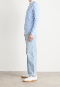 Sudadera azul clara con escote redondo, combinada con jeans azul claros y zapatillas blancas con suela de goma. Detalle sutil del logo en el pecho.