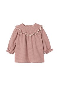 Rot-weiße kariertes Bluse mit fransigem Kragen und elastischen Bündchen. Hergestellt aus leichtem Stoff, mit lockerem, luftigem Design.