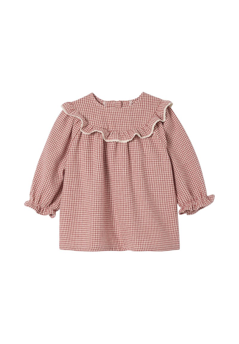 Rot-weiße kariertes Bluse mit fransigem Kragen und elastischen Bündchen. Hergestellt aus leichtem Stoff, mit lockerem, luftigem Design.