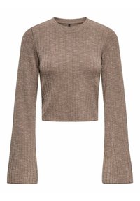 Top a maniche lunghe cropped in un knit leggero e testurizzato di colore marrone chiaro. Presenta un motivo a coste e maniche ampie e svasate. Collo rotondo.