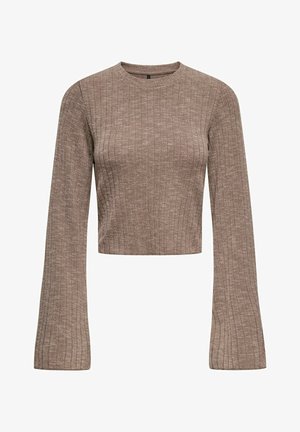 Przycięty, długi rękaw, bluzka w teksturowanym, jasnobrązowym oczku. Posiada prążkowany wzór i szerokie, dzwonowe rękawy. Okrągły dekolt.