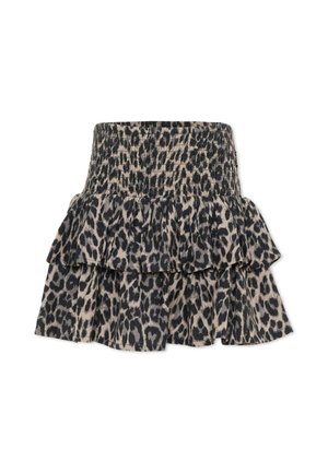 Gelaagde rok met luipaardprint en elastische gerimpelde tailleband, met beige en zwarte vlekken en een gerimpelde gelaagde zoom.