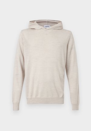 Sweat à capuche beige clair à manches longues avec poignets et ourlet côtelés, texture en maille unie, présenté sur un fond blanc.