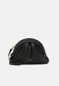 Black leather bag with a gathered design, curved top, and gold hardware. Features a thin, adjustable strap and a subtle logo detail.