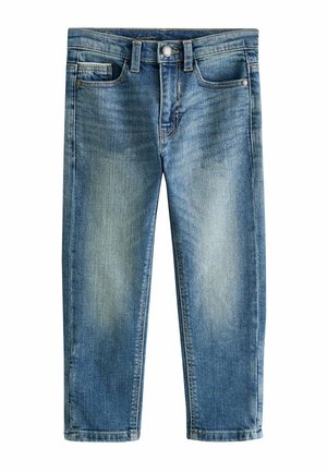 Blå denimjeans med knap og lynlås, for- og baglommer samt let falmning på lårene og knæene.