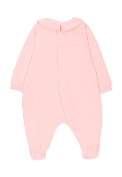 Body rosa in cotone con maniche lunghe, collo rotondo, chiusura frontale con bottoni a pressione e polsini e caviglie elasticizzati per comfort e vestibilità.