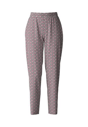 Patroon broeken met een geometrisch ontwerp in rood, wit en grijs. Tapered pijp vorm met een elastische tailleband voor comfort.