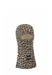 Leopardenmuster-Balaclava aus weichem Stoff, mit offener Gesichtsdesign, dehnbarer Textur und einem Markenetikett an der Seite.