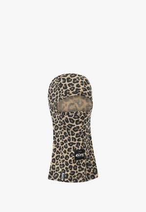 Leopardenmuster-Balaclava aus weichem Stoff, mit offener Gesichtsdesign, dehnbarer Textur und einem Markenetikett an der Seite.