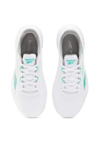 Zapatillas deportivas blancas con tela de malla, acentos turquesas y cierre de cordones. Presenta un logo de Reebok en la lengüeta y en los paneles laterales.