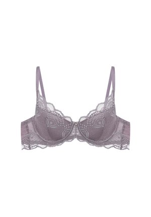 Lace bra in a muted lavender color, featuring scalloped edges, intricate floral patterns, and adjustable straps with a central decorative detail.