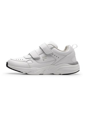 Sneaker sportiva bianca con due larghe strisce in velcro, suola imbottita e battistrada nero su sfondo bianco semplice.