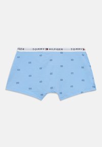 Ljusblå boxershorts av mjukt tyg. Har en vit midjeresår med tryckt text "TOMMY HILFIGER". Märkbart litet geometriskt mönster över hela.