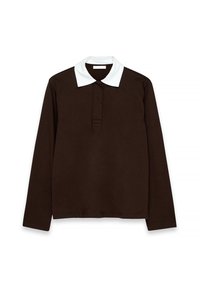 Ilga rankovė polo marškiniai tamsiai rudos spalvos audiniu su baltu, tekstūruotu krakmolu ir trimis sagutėmis. Lygus, patogus medžiaga.