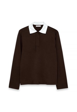 Tumepruun pikkade varrukatega polo särk, millel on valge tekstuuriga krae ja kolmeknöppli. Sile ja mugav materjal.