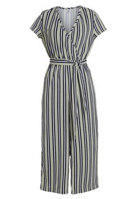 Tuta a righe in verde e blu navy, con design avvolgente, maniche corte, cintura legata in vita e gamba ampia. Tessuto dalla consistenza liscia.
