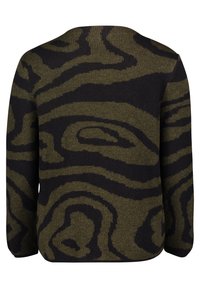 Pull tricoté vert foncé et noir avec un motif abstrait ondulé couvrant tout le dos et les manches longues.