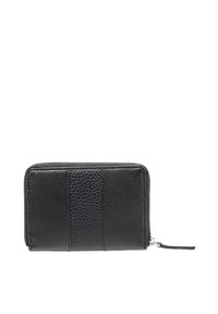 Portafoglio in pelle nera con un pannello testurizzato. Presenta una chiusura con zip, strisce orizzontali e una finitura liscia. Forma rettangolare compatta.