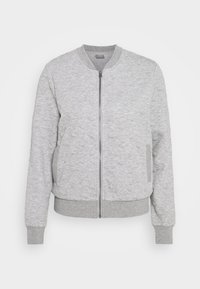 Grijze bomberjack van gestructureerde stof, voorzien van een ritssluiting aan de voorkant, geribbelde manchetten en zijzakken. Gladde voering met contrasterende accenten.
