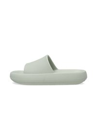 Slide sandals in light green rubber. Features a wide strap and textured sole, with a minimalist design and smooth finish.