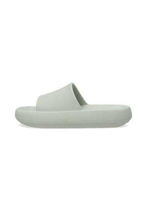 Slide sandals in light green rubber. Features a wide strap and textured sole, with a minimalist design and smooth finish.