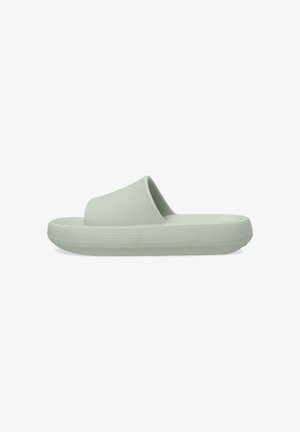 Sandały slide w jasnozielonym gumowym wykonaniu. Posiadają szeroki pasek i fakturowaną podeszwę, z minimalistycznym wzornictwem i gładkim wykończeniem.
